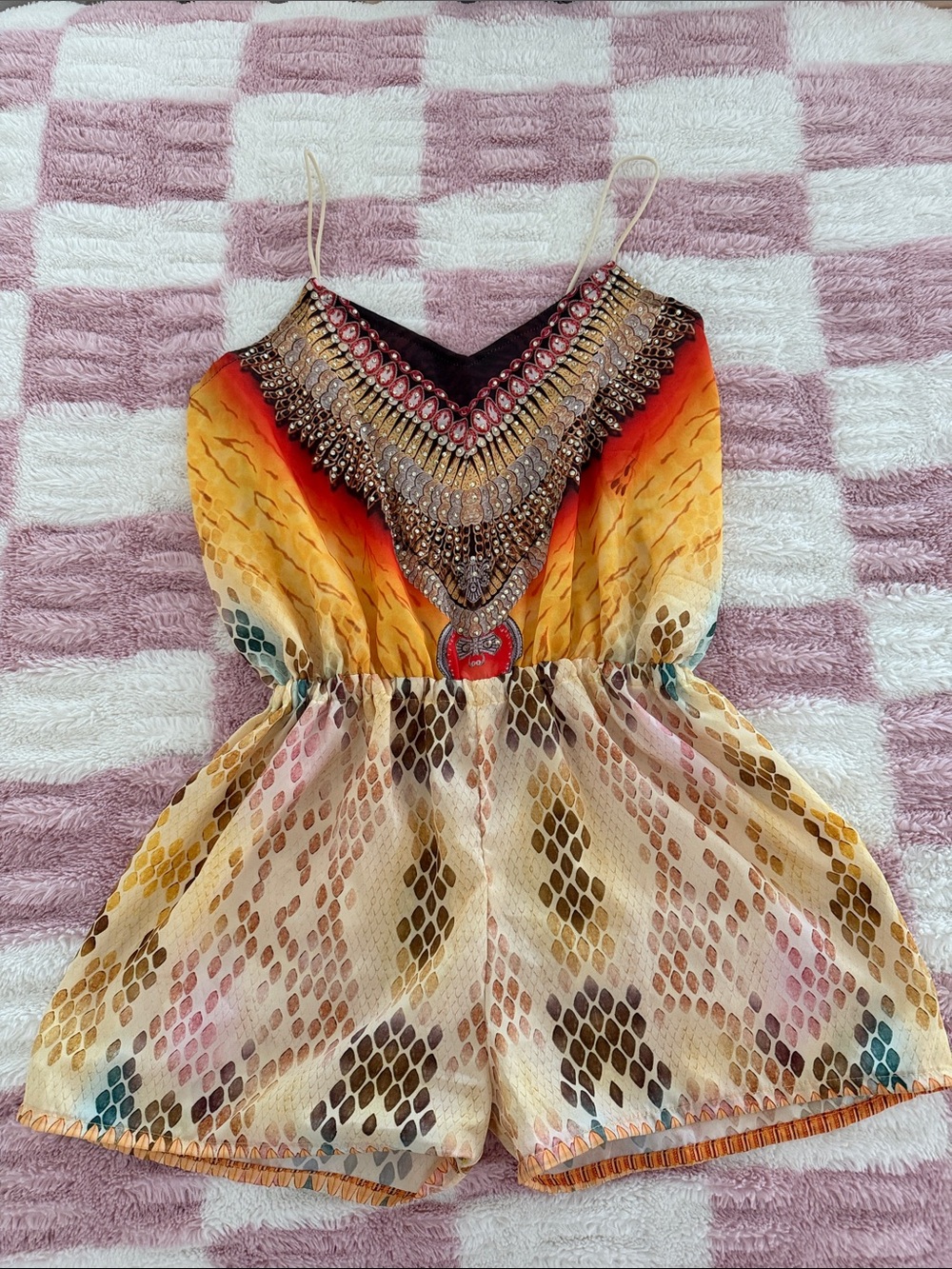 Beaded V-Neck Spaghetti Strap Summer Romper in Yellow Multi